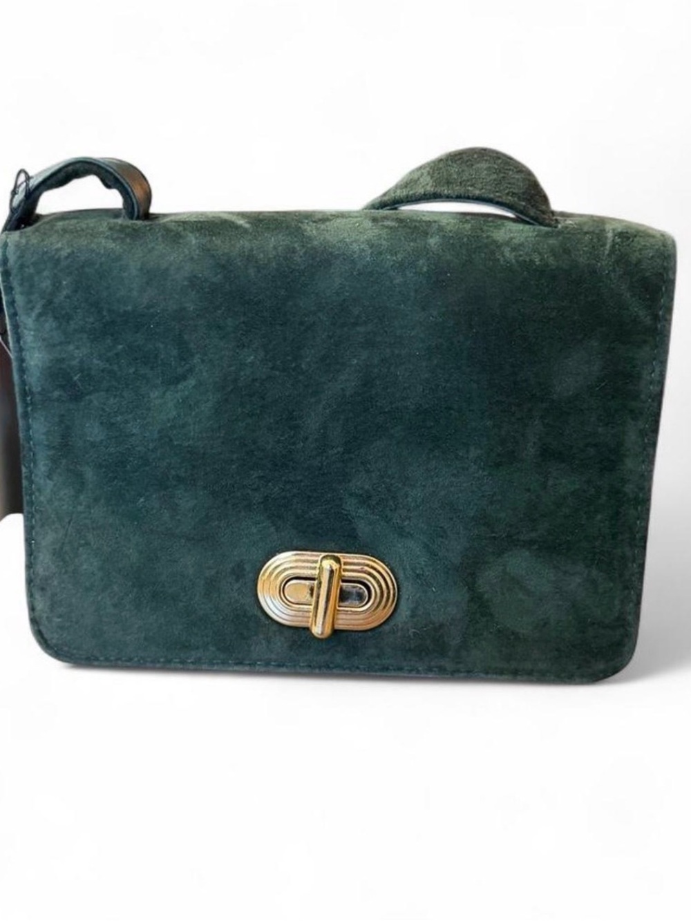 Dark Green Suede Crossbody Bag with Gold Turn-Lock